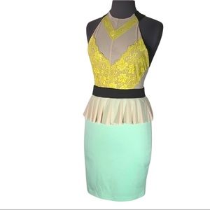 Solemio Green Yellow Lace Bodycon Mini Dress